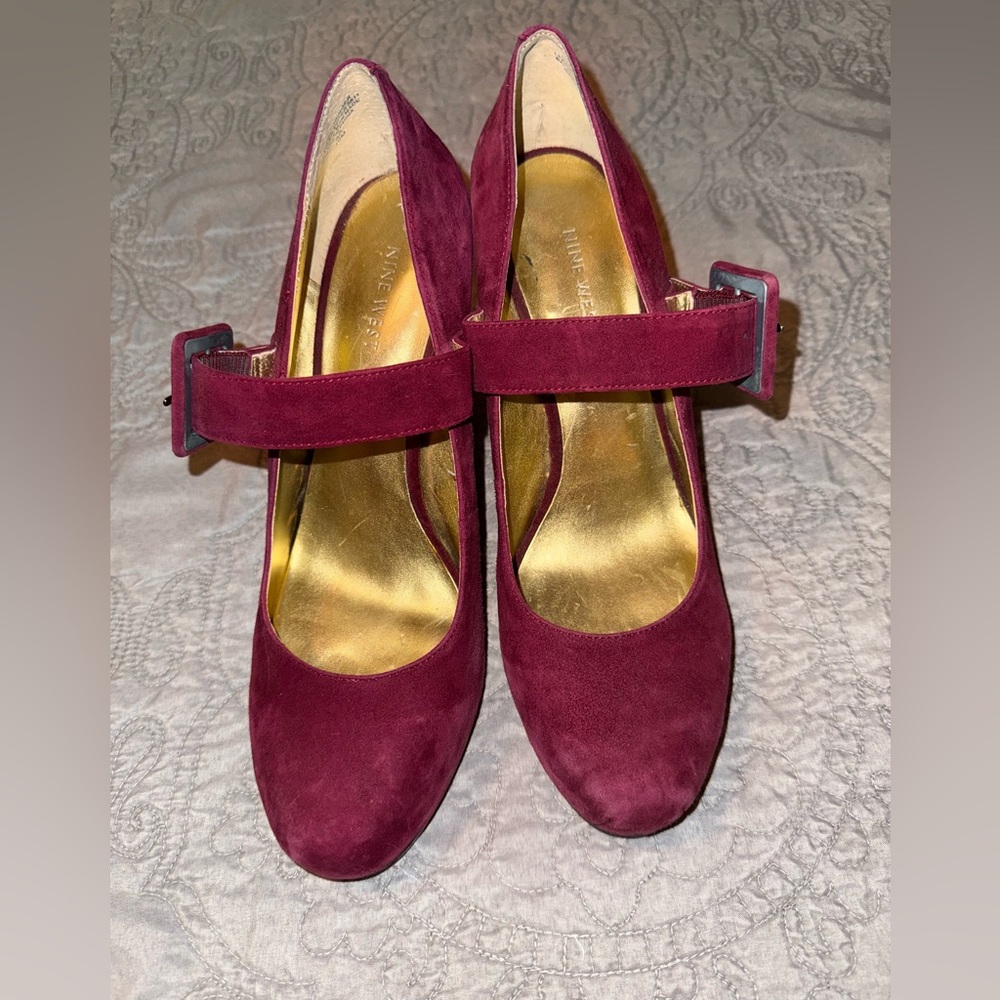 Nine West Burgundy Suede Mary Jane Heels